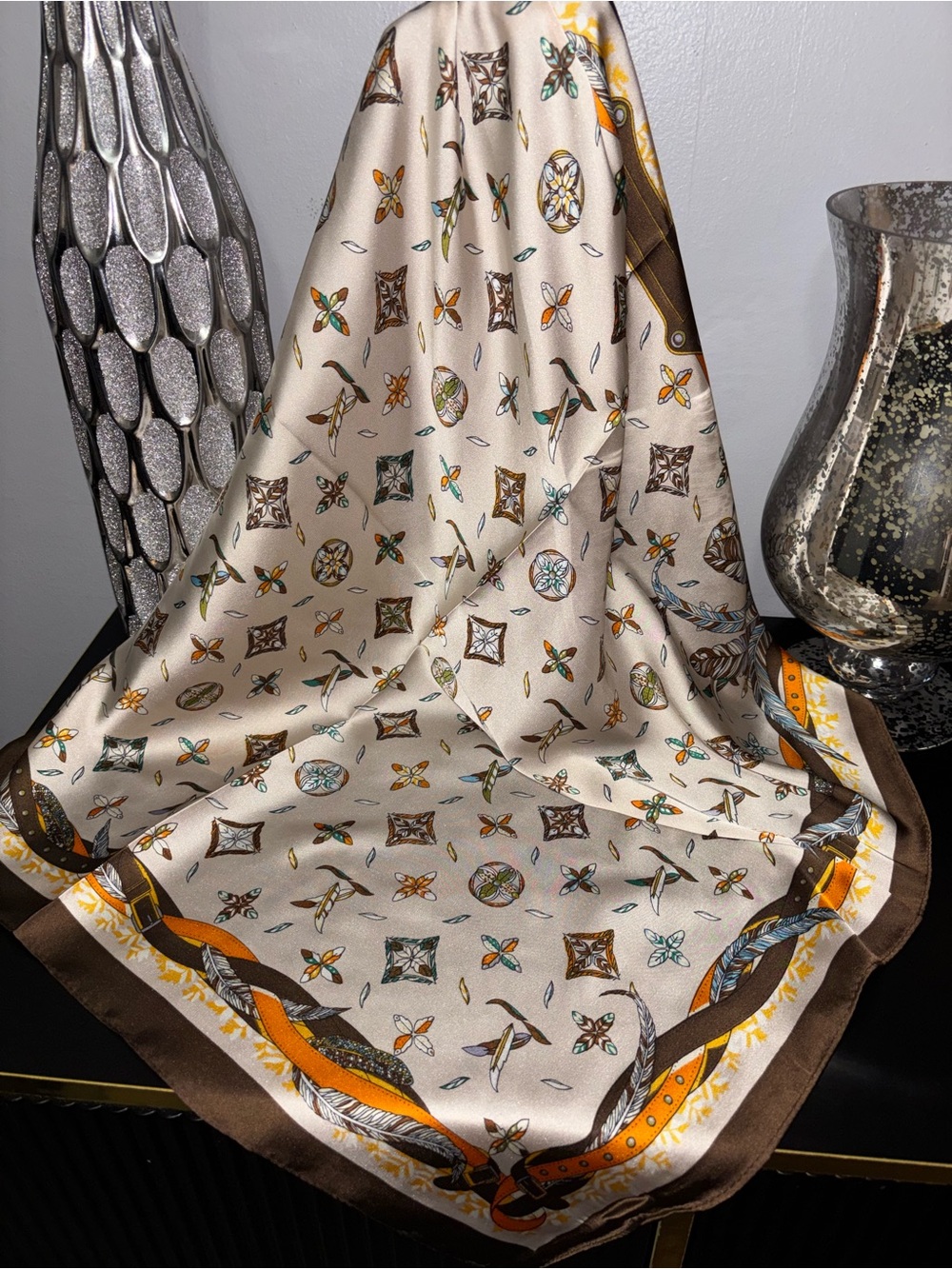 ✨ Designer Style Monogram Feather Print Silk Square Scarf Cream ✨
